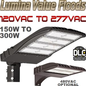 Lumina Value Series LED Parking Lot Pole / Area Flood Lights, 150-300 Watts, DLC Premium