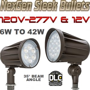 NexGen™ Sleek Adjustable Bullet Style LED Spot/Flood Lights, 6 to 42 Watts, 100V to 277V & 12V to 24V