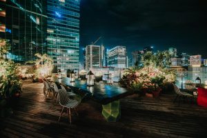 Night scene - outdoor patio featuring plants illuminated by LED lighting in large city.