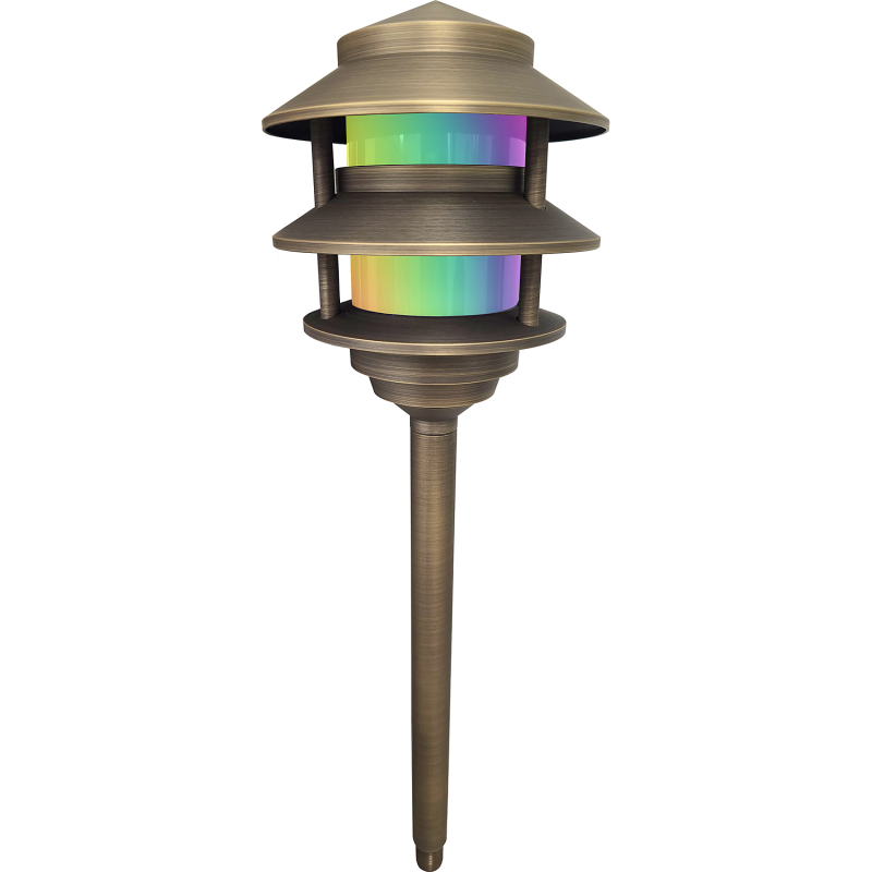 3-tier RGBW cast brass pagoda path light - Shop C2CLights.com.