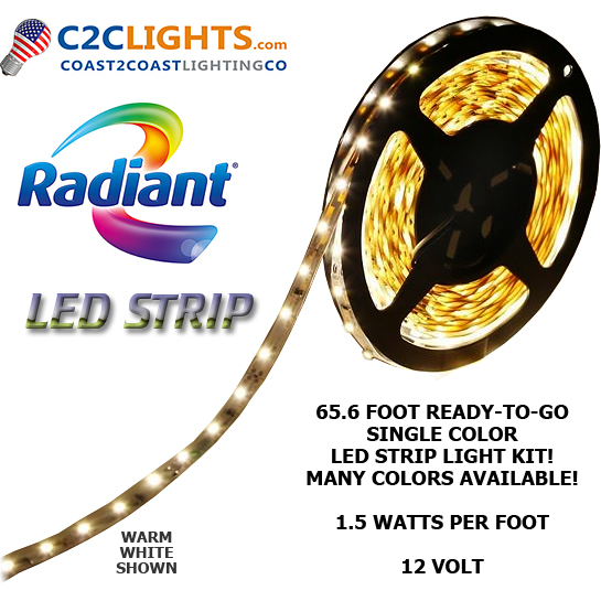LED Strip Light Tape Kit, 1.5W Per Foot 12V 3528 SMD - 65.6 Feet