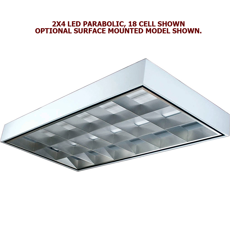 2X4 Parabolic LED, 18 Cell, 51 to 66 Watts, Recessed or Surface Mount