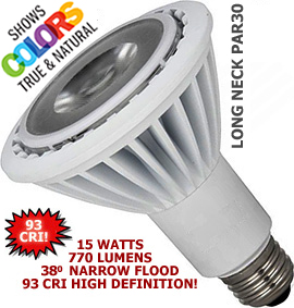 15 Watt 120v LED 38° Medium Base PAR30 - 93 CRI HD!