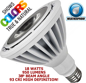 18 Watt 120v LED 38° Medium Base PAR38 Bulb - 93 CRI HD!