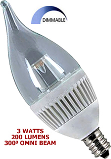 3 Watt 120v LED 300° Omni-Directional E12 Base Candelabra Flame Bulb