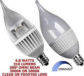 4.8 Watt 120v LED 300° Omni-Directional E12 Base Candelabra Flame Bulb