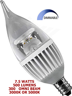 7.5 Watt 120v LED 300° Omni-Directional E12 Base Candelabra Flame Bulb