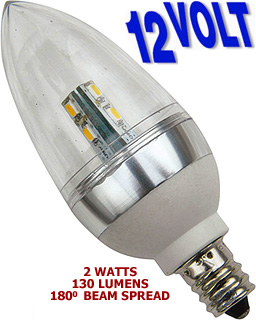 2 or 5 Watt 12v Low Voltage LED E12 Base Candelabra Torpedo Bulb