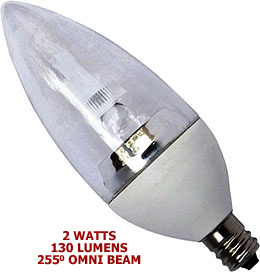 2 Watt 120v LED 255° Omni-Directional E12 Base Candelabra Torpedo Bulb