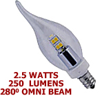 2.5 Watt 120v LED 280° Omni-Directional E12 Base Candelabra Flame Bulb