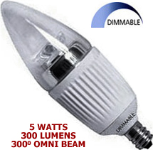5 Watt 120v LED 300° Omni-Directional E12 Base Candelabra Flame Bulb