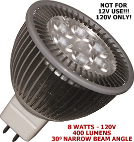 120v 8 Watt MR16 30° Narrow Flood LED Bulb (GU5.3 BASE)