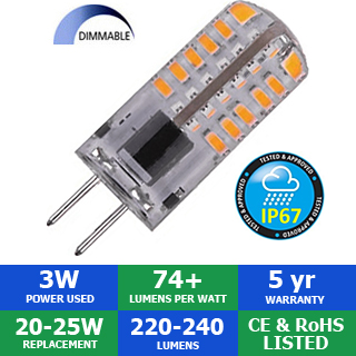 12V 3 Watt LED JC Bi-Pin - Dimmable - Outdoor IP67 Rated
