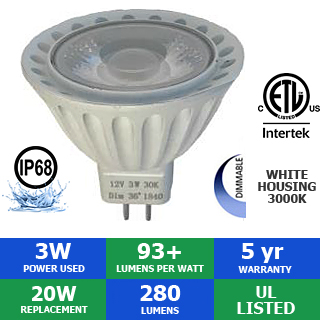 12V 3 Watt Pro Series LED MR16, IP68 Rated, Dimmable - C2C Lights